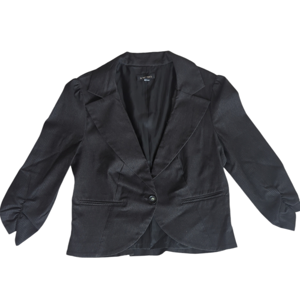 B-Works Pinstripe Lined One Button Cropped Blazer Jacket MEDIUM Black Gray